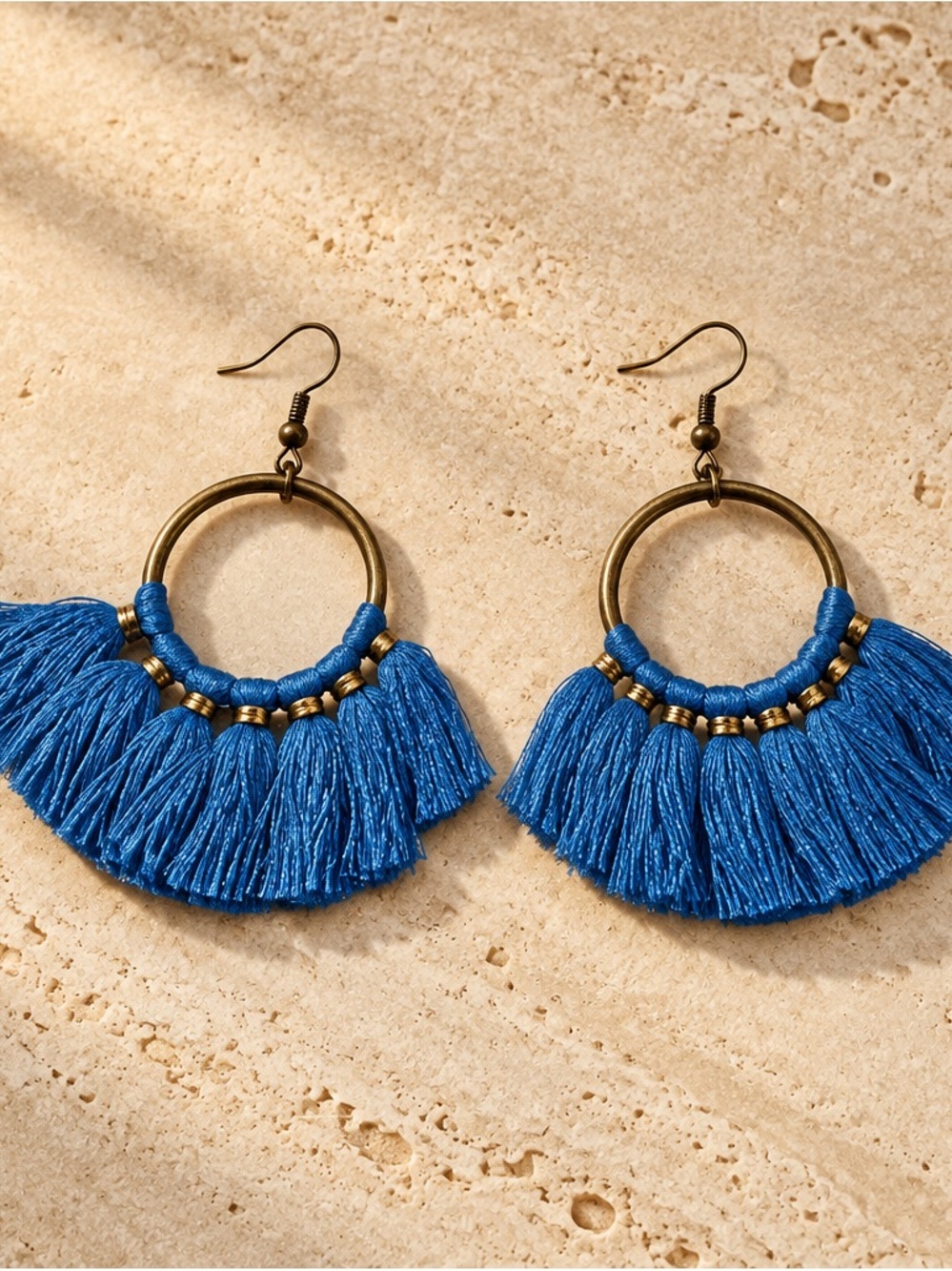 Fashion Jewelry Royal Blue Tassel Hoop Earrings with Antique Gold Accents